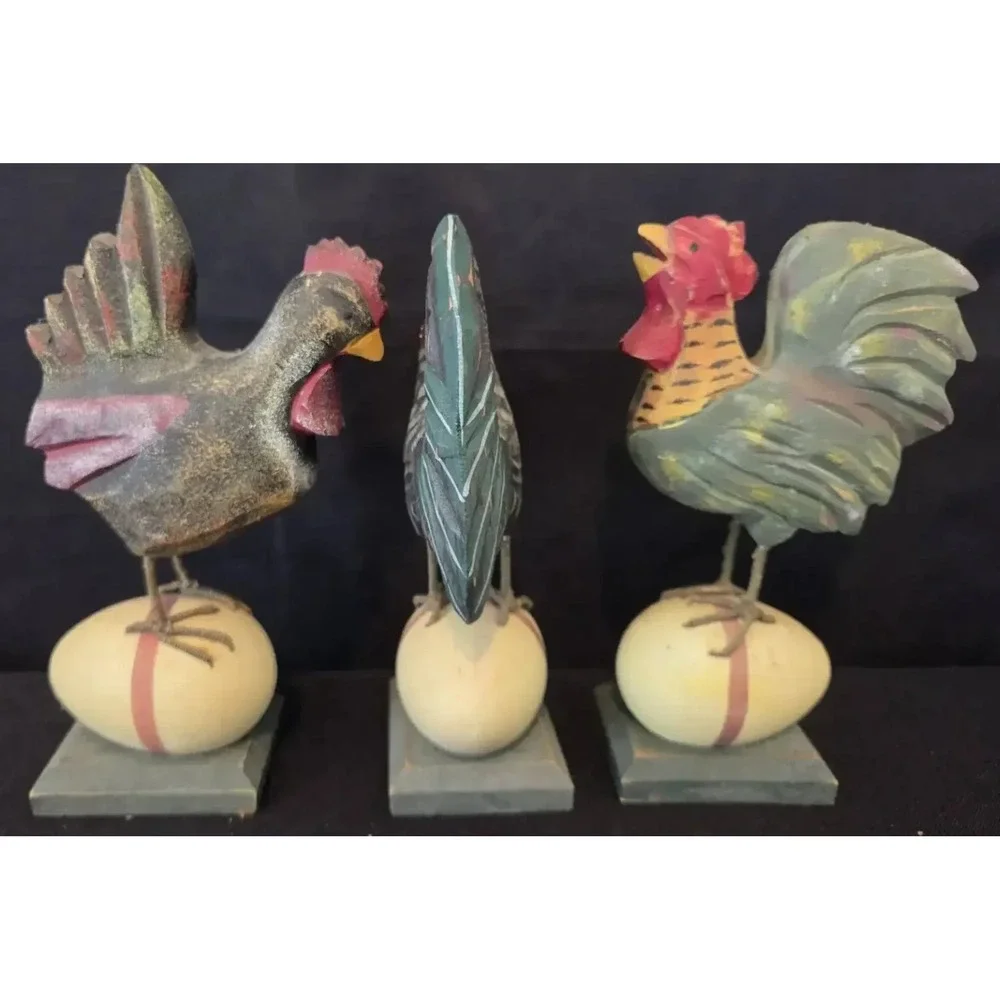 Set of 3 Decorative Roosters Sitting on Eggs